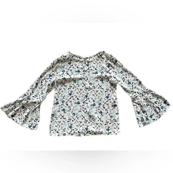 LOFT Ann Taylor White Blue Floral Long Bell Sleeve Keyhole Blouse Women’s Small - Picture 2 of 9